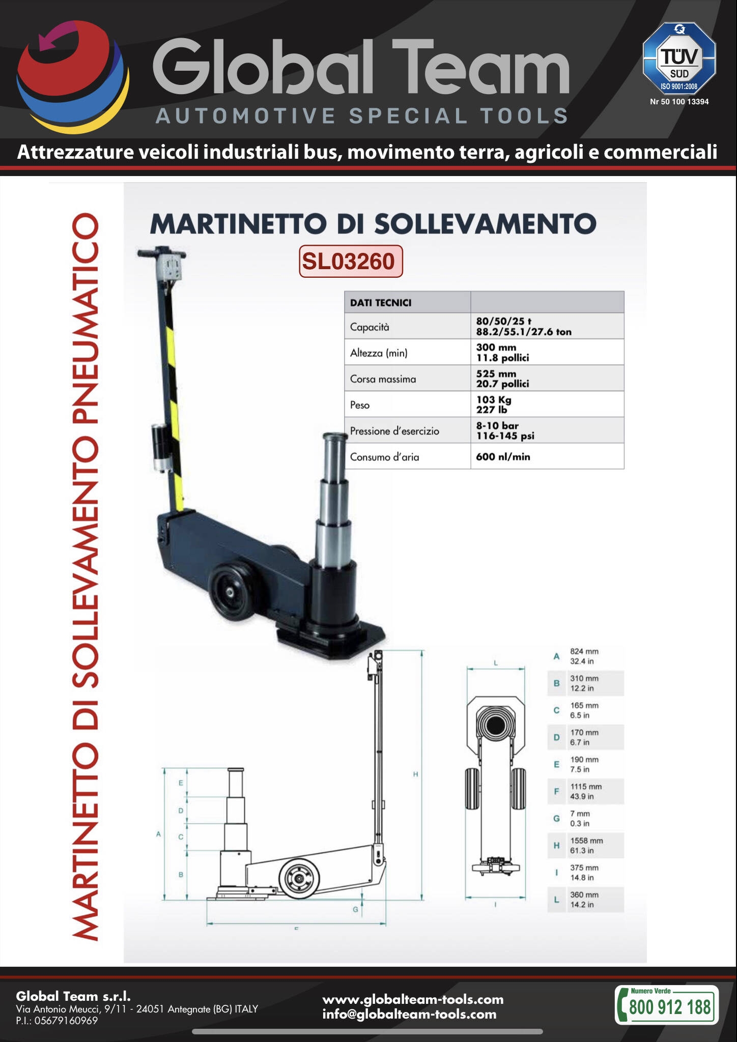 Nuovo sollevatore pneumatico a 3 sfilate portata 30 tonnellate ideale per sollevare assali posteriori rimorchi e semi rimorchi senza ausilio di prolunghe che portano rotture ad ogni genere di cricco .