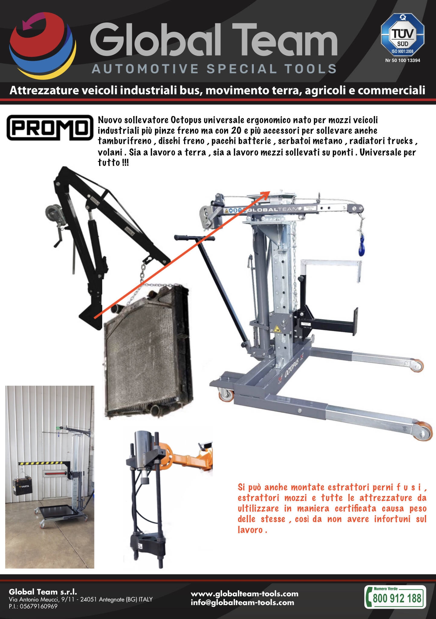 Octopus sollevatore universale ergonomico per mozzi freno + pinze freno , per tamburi freno , batterie , dischi freno , radiatori , serbatoi metano e gasolio , volani , compressori celle frigorifiche , ecc.