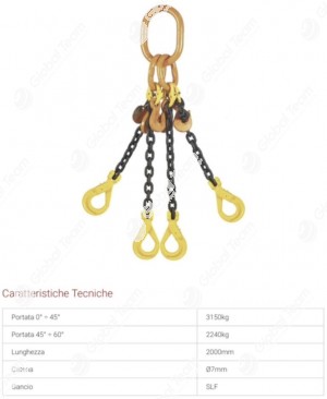 Pendente per sollevamento a4bracci, lunghezza 2Mt., Portata 3150 kg. ,a 45 gradi 2240 kg. ,comprensivo di 3ganci accorciatori.